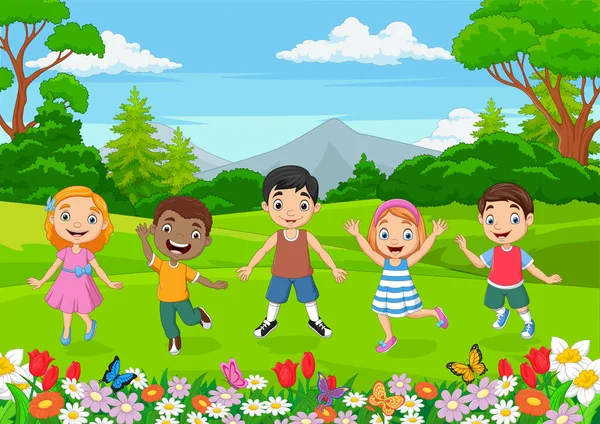 Vektor Ilustrasi Anak Anak Happy Melompat Latar Belakang Hutan - Stok Vektor