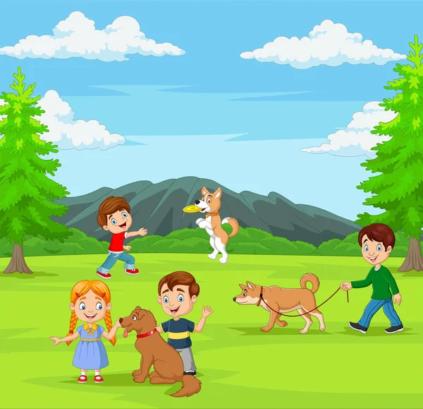 Vector Illustration Group Children Playing Dogs Park — Stock Vector