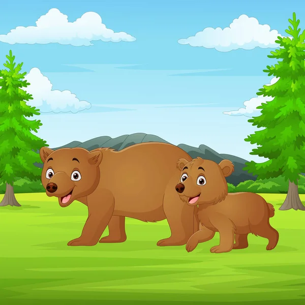 Ilustração Vetorial Dos Desenhos Animados Mãe Bebê Urso Selva — Vetor de Stock