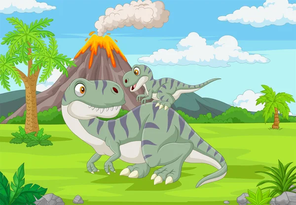 Vektor Illustration Von Cartoon Mutter Und Baby Dinosaurier Dschungel — Stockvektor