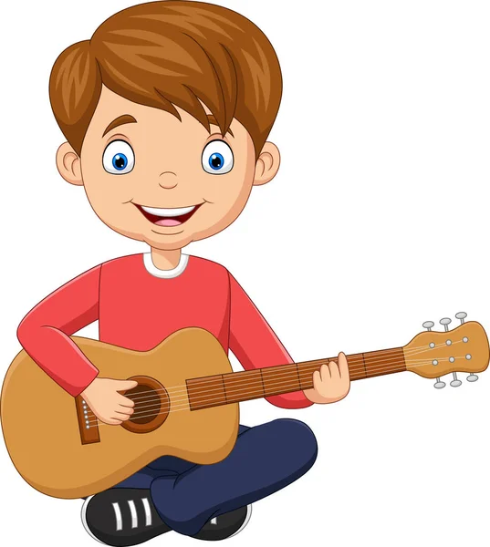 Vektor Ilustrasi Kartun Bahagia Anak Laki Laki Bermain Gitar - Stok Vektor