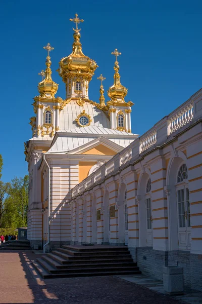 Igreja de Pedro e Paulo. A Igreja do Palácio. As cúpulas são douradas e ricamente decoradas. Peterhof, Rússia . — Fotografia de Stock