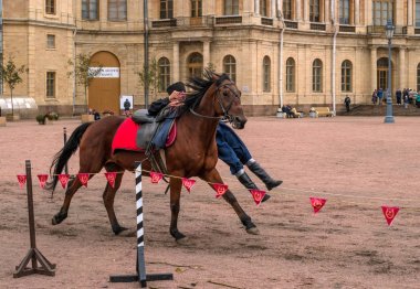 Gatchina, St. Petersburg, Rusya Federasyonu - 30 Eylül 2017: Sirk atı Kazaklar Gatchina Palace tören üzerinde İmparator Paul yıldönümü Rezervasyonun yapıldığı gün ben.