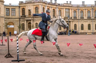 Gatchina, St. Petersburg, Rusya Federasyonu - 30 Eylül 2017: Sirk atı Kazaklar Gatchina Palace tören üzerinde İmparator Paul yıldönümü Rezervasyonun yapıldığı gün ben.