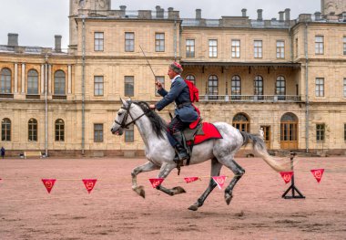 Gatchina, St. Petersburg, Rusya Federasyonu - 30 Eylül 2017: Sirk atı Kazaklar Gatchina Palace tören üzerinde İmparator Paul yıldönümü Rezervasyonun yapıldığı gün ben.
