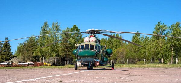 Multipurpose helicopter Mi-8 MT at the airfield in Pushkin during the festive Airshow.