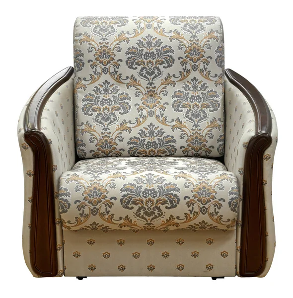 在白色背景上隔离的扶手椅。椅子用白色的木制覆盖物装饰 — 图库照片