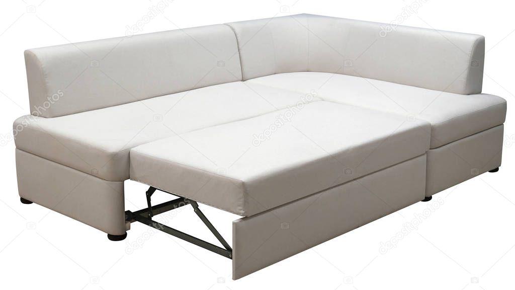 Corner sofa isolated on white background. Including clipping path. The sofa is laid out for sleep