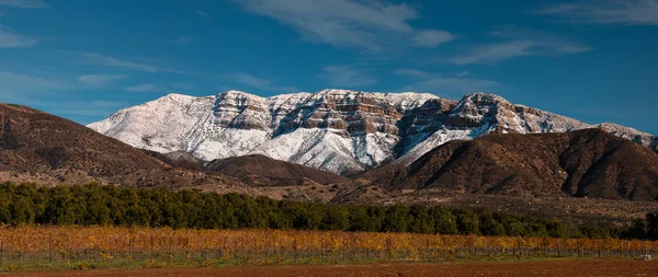 Sněhem pokryté Topa útesy nad Ojai Valley farmy a vinice — Stock fotografie