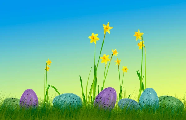 Colorful easter eggs on grass with daffodils and colorful background