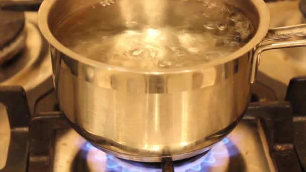 Metallpanna Med Kokande Vatten Gasbrännare — Stockvideo