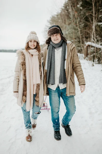 Young Couple Love Posing Winter Forest — Stock Photo, Image