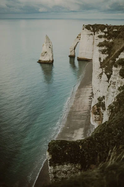 Coastal Landscape Falaise Aval Famous White Cliffs Etretat Village Porte — Stock Photo, Image