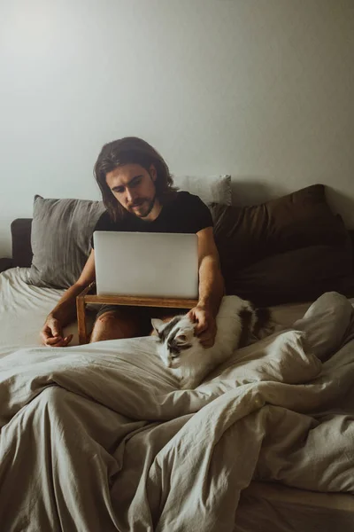 Hipster Alb Care Foloseşte Laptopul Acasă Timpul Carantinei Acasă Bărbat Imagini stoc fără drepturi de autor
