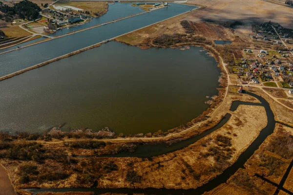 Vista Aérea Lago Cima Outono Primavera Natureza Fundo Fotografia Drones — Fotografia de Stock