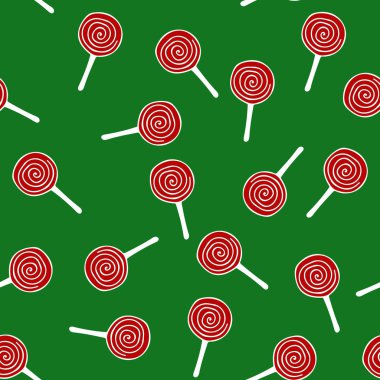 Kırmızı ve beyaz kıvrımlı lolipop deseni. Doğum günü, yeni yıl, Noel tebrik kartı, yeşil arka plan davetiyesi.