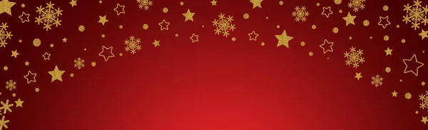 Rotes Weihnachtsbanner mit goldenen glitzernden goldenen Schneeflocken und Sternen. Frohe Weihnachten und einen guten Rutsch ins neue Jahr. — Stockfoto