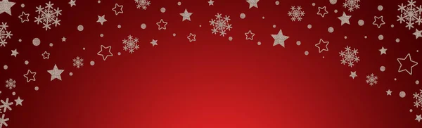Rotes Weihnachtsbanner mit golden glitzernden silbernen Schneeflocken und Sternen. Frohe Weihnachten und einen guten Rutsch ins neue Jahr — Stockfoto
