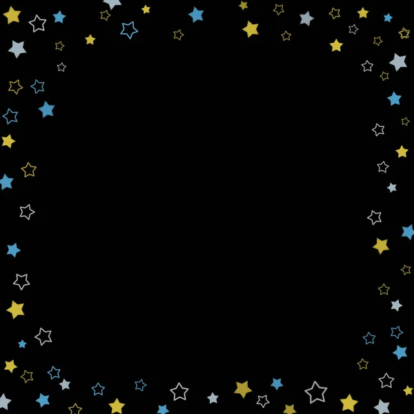 Marco cuadrado con estrellas de colores sobre el fondo negro, confeti —  Fotos de Stock