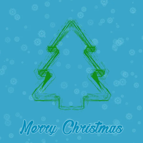 Χριστουγεννιάτικο πράσινο δέντρο ζωγραφισμένο στο μπλε φόντο με νιφάδες χιονιού. Χειμερινή αφίσα, πρόσκληση, κάρτα — Φωτογραφία Αρχείου