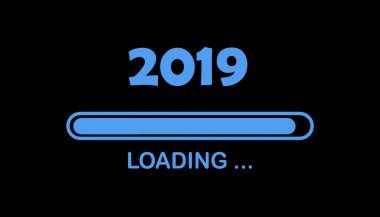 Yükleme simgesiyle mutlu yıllar 2019. İlerleme çubuğu neredeyse yeni yıl arifesine ulaşıyor. siyah illüstrasyon 2019 mavi yükleme metni