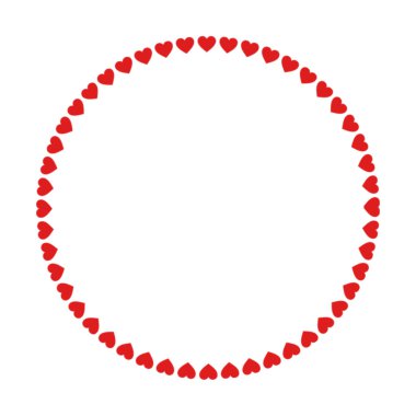 Kırmızı kalplerin yuvarlak çerçevesi. Sevgililer günü, düğün kartı. Mesaj ve fotoğraf için yer. Aşk