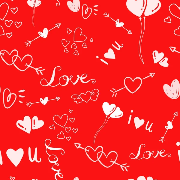 Mignon motif sans couture de Saint-Valentin avec des coeurs sur fond rouge hite — Photo