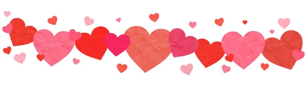 Design festivo del banner cardiaco. Rosso, cuori di carta rosa su sfondo wwhite. Decorazione di giorno di S. Valentino — Foto Stock