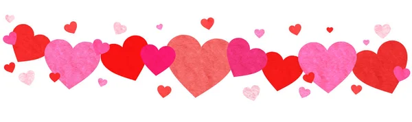 Design festivo del banner cardiaco. Rosso, rosa acquerello cuori su sfondo wwhite. Decorazione di giorno di S. Valentino — Foto Stock