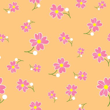 Kusursuz çiçekli spreyleme kalıbı. Turuncu arka planda pembe çiçek deseni. Anneler Günü, 8 Mart