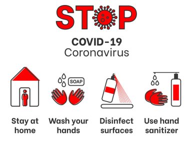 Coronavirus önleme. COVID-19 karantina konsepti. COVID-19 önleme. Coronavirüs salgını. Salgın. Tehlikeli virüsü durdur. Poster, afiş, broşür için vektör illüstrasyonu.