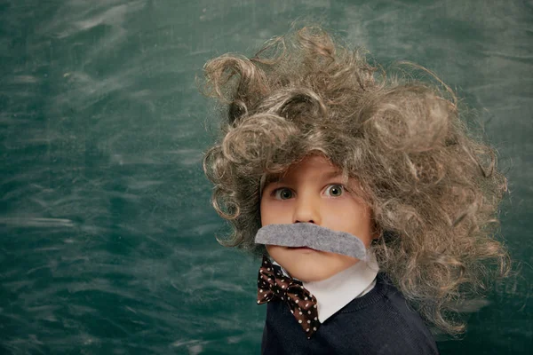 Cheerful Smiling Little Kid Boy Green Chalkboard Looking Camera Little — Stock Photo, Image