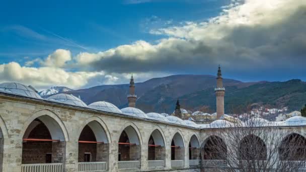 Bursa Historischen Alten Ulu Moschee Minarette Pirinc Karawanserei Und Uludag — Stockvideo
