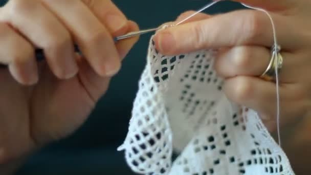 Handcrafted Traditional Knitting Woman Makes Canvas Pattern Stitches Sewing Needle — Stock Video
