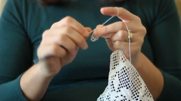 Handcrafted Traditional Knitting Woman Makes Canvas Pattern Stitches Sewing Needle — Stock Video