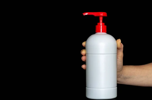White Plastic Pushing Pump Bottle Isolated Black Background Woman Holding — Stock Photo, Image