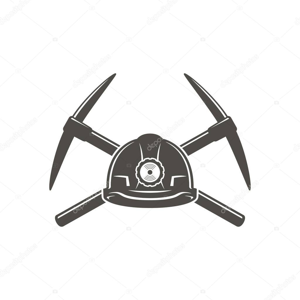 Black and white illustration of a helmet with a lantern and a pickaxe on a white background. Coal industry logo vector illustration