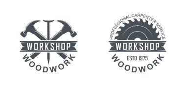 Black and white illustration of a logo of a workshop of wooden products. Vector illustration of a saw, hammer, nail and text on a white background