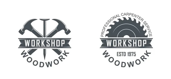 Black White Illustration Logo Workshop Wooden Products Vector Illustration Saw — Διανυσματικό Αρχείο