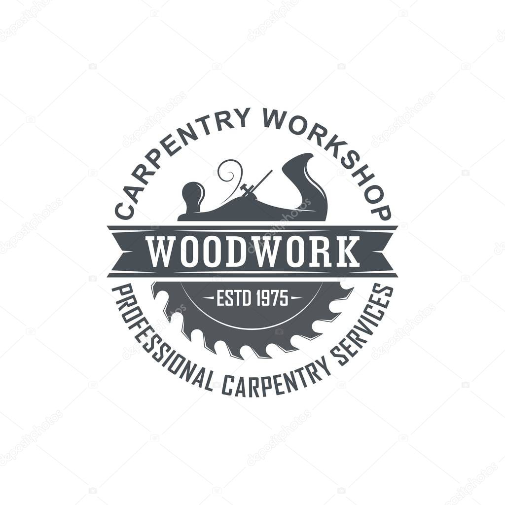 Black and white logo illustration of a carpenter workshop. Vector illustration of a planer, circular saw and text with banner.