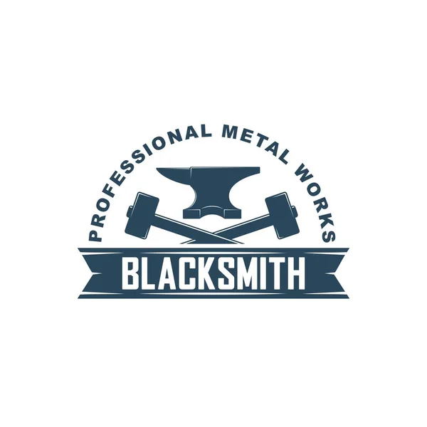 Örsün renkli çizimi, çapraz çekiç ve yazı ile pankart. Demirci logosunun vektör çizimi. Profesyonel metal işi.