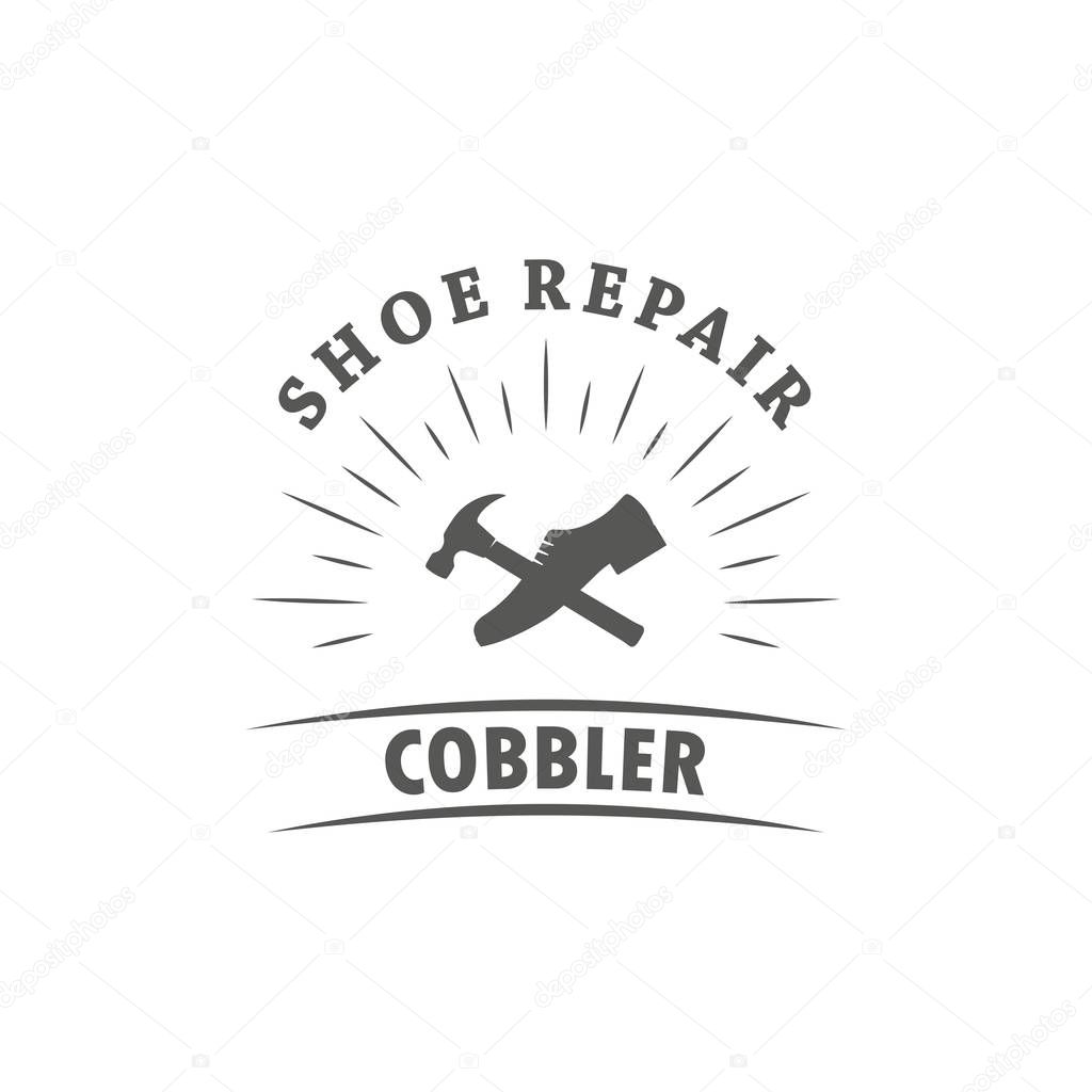 Black and white illustration of a shoemaker logo. Vector illustration of shoes, hammer and text with rays on a white background. Professional shoemaker services.