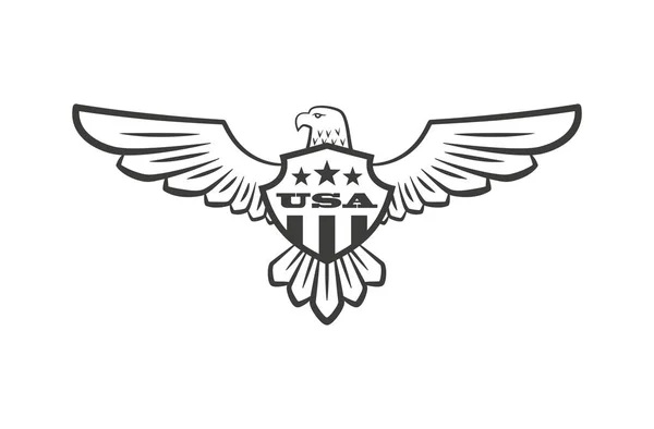 広がる翼と盾 星とテキストを持つ鷲の黒と白のイラスト 自由と民主主義のアメリカの象徴をテーマにしたベクトルイラスト — ストックベクタ
