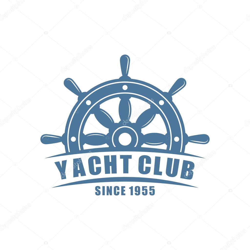 Color logo of a yacht club on a white background. Vector drawing of a marine helm, text. Illustration on the marine theme.
