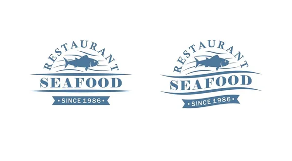 Set Color Seafood Restaurant Logos Vector Illustration Fish Waves Text — Stock Vector