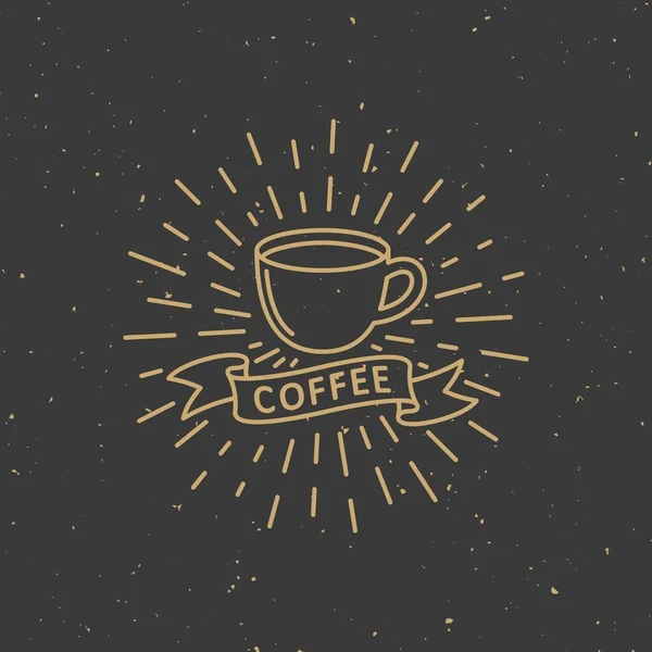 彩色插图为咖啡做广告 咖啡杯的矢量图解 带文本的缎带 射线和带纹理的黑色背景 — 图库矢量图片