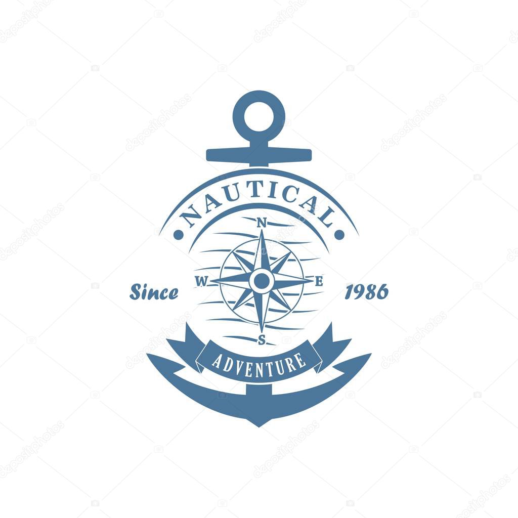 Color illustration advertising a sea adventure. Vector illustration of an anchor, compass, waves and ribbon with text on a white background.