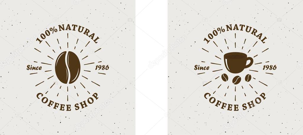 Set of color illustrations of a coffee shop on a background with grunge texture. Vector illustration of coffee bean, cup, rays and text. Illustration in vintage style advertise the sale of coffee.