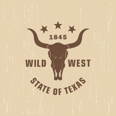 Color illustration of a buffalo skull, stars and text on a background with grunge texture. Vector illustration on the theme of US national culture. Symbols of the state of Texas. clipart