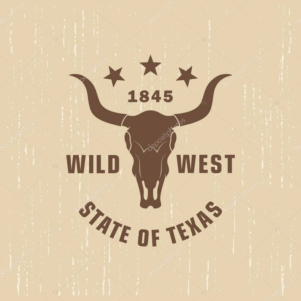 Color illustration of a buffalo skull, stars and text on a background with grunge texture. Vector illustration on the theme of US national culture. Symbols of the state of Texas.